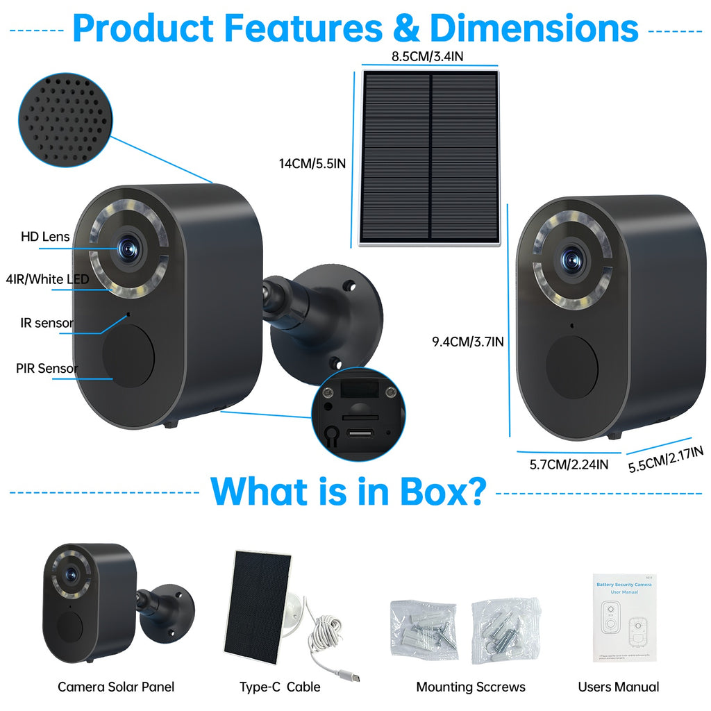 Solar WiFi Surveillance Camera with Listed 2K Imaging, Two-Way Voice and Color Night Vision, White or Black in One- or Two-Piece Home Monitoring Options