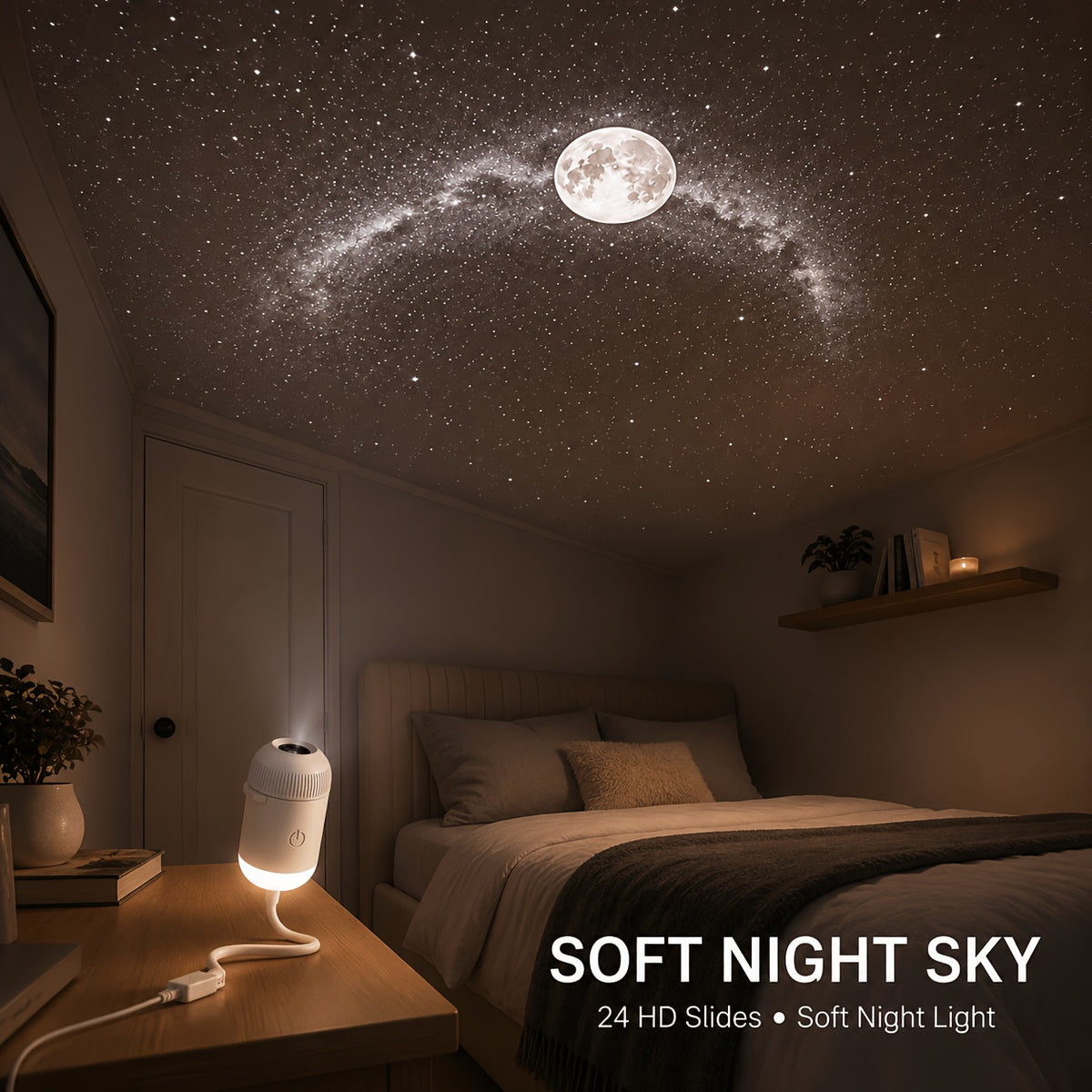 Star Projector Night Light with Static Galaxy Effect, USB-Powered Mini LED Lamp with Adjustable Brightness for Bedroom Ceilings, Walls and Cozy Indoor Decor
