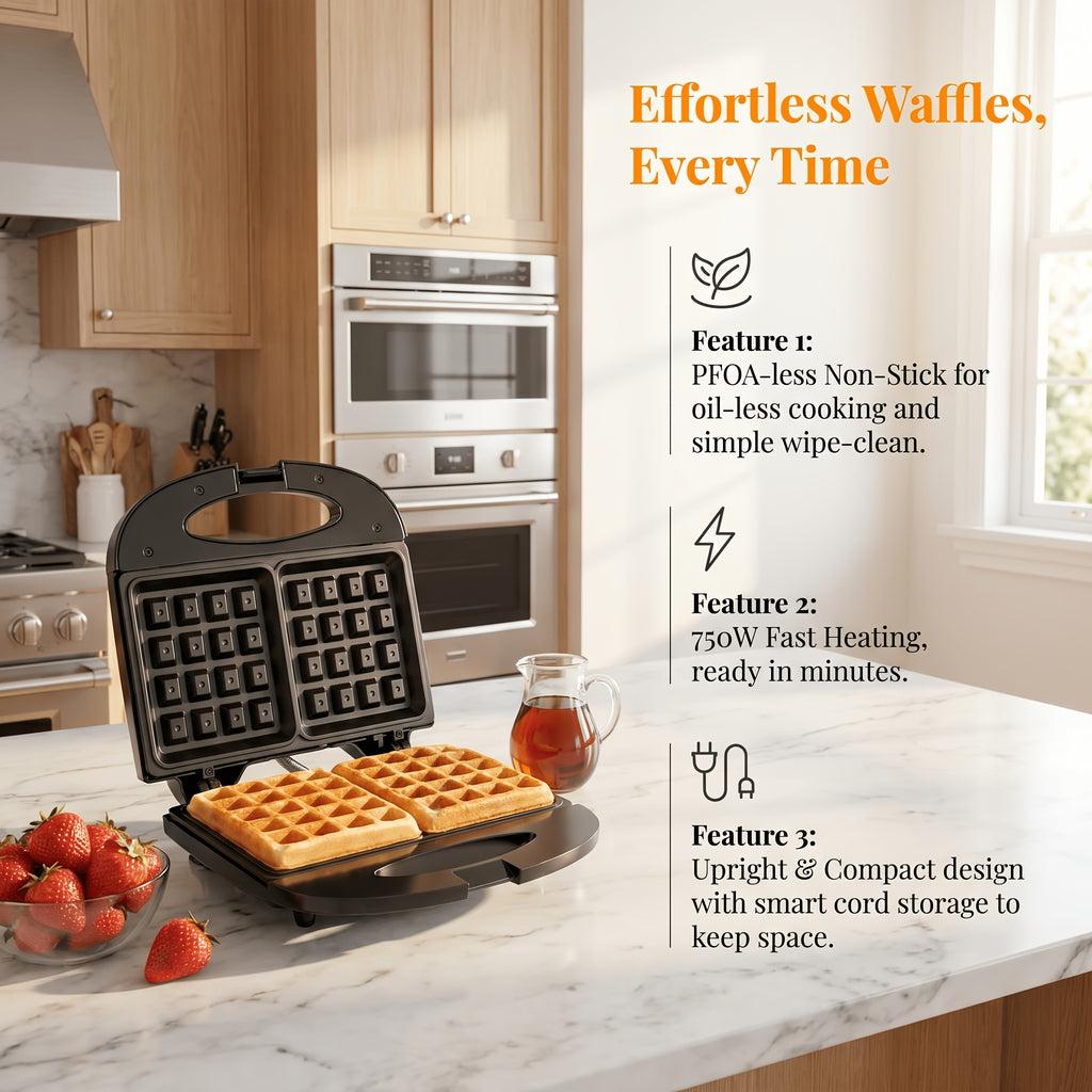 Belgian Waffle Maker by TESSLUX, 750W 2-Slice Nonstick Waffle Iron with Dual LED Indicators, Locking Handle and Upright Storage for Home Breakfasts