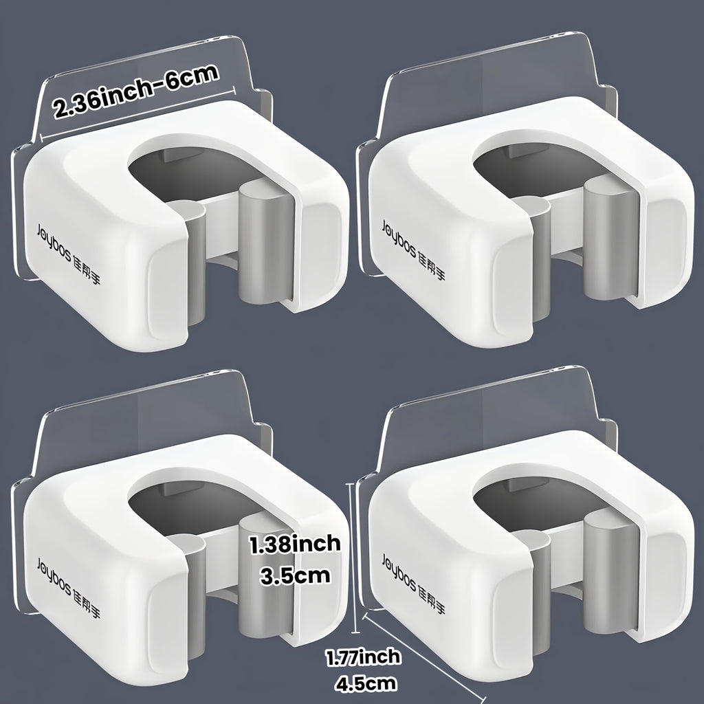 Mop and Broom Holder Clips in White, 4-Piece Self-Adhesive No-Drill Plastic Wall Organizer for Vertical Cleaning Tool Storage in Kitchens and Utility Rooms
