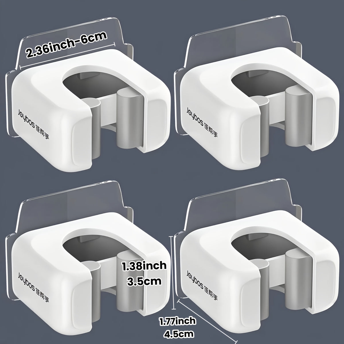 Mop and Broom Holder Clips in White, 4-Piece Self-Adhesive No-Drill Plastic Wall Organizer for Vertical Cleaning Tool Storage in Kitchens and Utility Rooms
