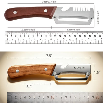 Wooden Handle Vegetable Peeler Set, Two-Piece Stainless Steel Blade Kitchen Tools with Listed Bottle Opener Function for Potatoes, Apples and Zucchini