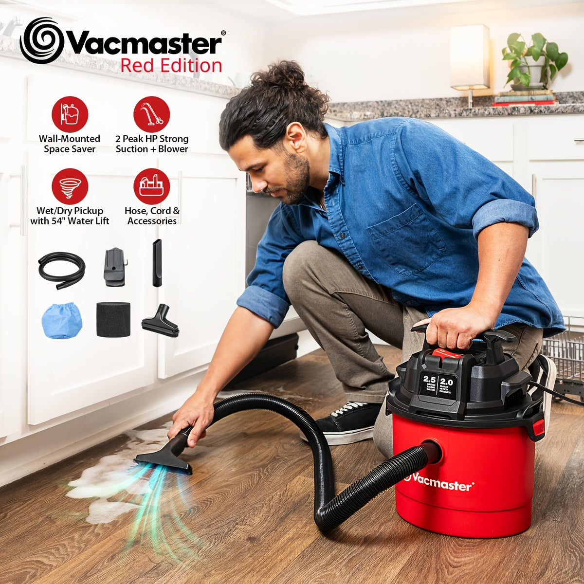 Vacmaster Wet Dry Vacuum Cleaner, 2.5 Gallon Portable Shop Vacuum with Listed 2 Peak HP, Blower Function, Wall-Mount Design and On-Board Storage for Home Cleanup