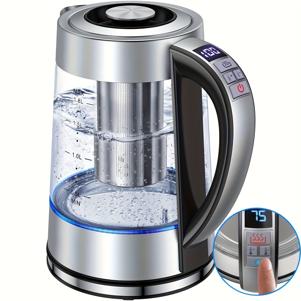 Temperature Control Glass Kettle, 1.8L Electric Tea Kettle with 12 Listed Settings, 24-Hour Keep-Warm Reference and Included Tea Infuser for Beverage Preparation