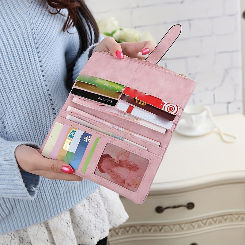 Womens Long Wallet Clutch with Photo Window and Credit Card Organizer, Solid Color Everyday Accessory in Green, Pink, Brown, Dark Blue, Rose Red, Purple or Gray