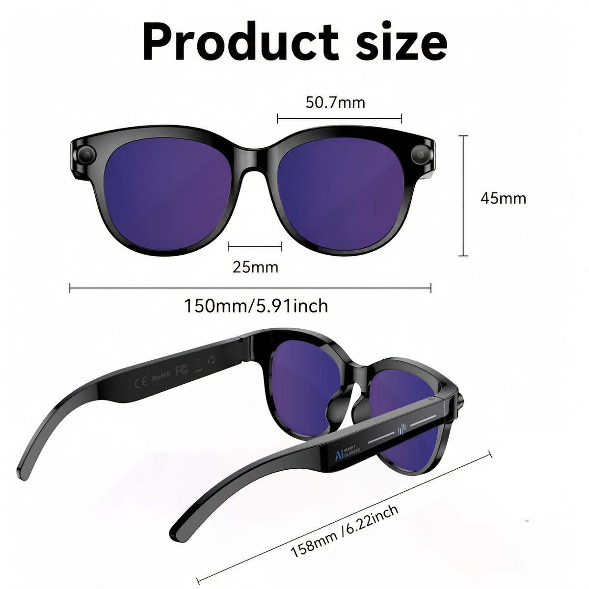Replaceable-Lens AI Smart Glasses with Listed 8MP Camera, Image Stabilization, Video and Audio Recording, Translation, Voice Control and Music Playback