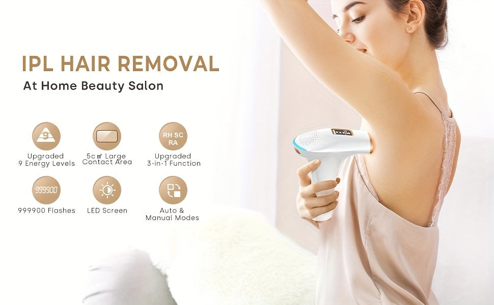 IPL Hair Removal Device for At-Home Use, 5cm² Light Window with 9 Adjustable Intensity Levels, Manual and Automatic Operation, White Beauty Tool