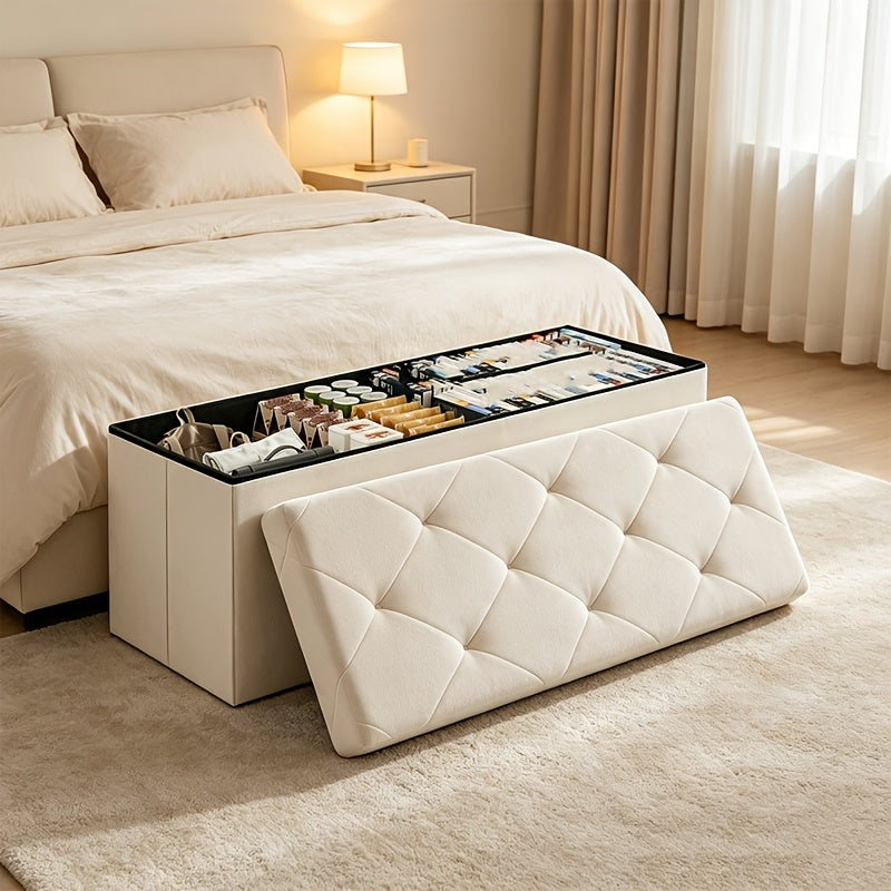 Padded Storage Ottoman Bench with Folding Design, 30IN or 43IN Labels and Faux Leather or Linen-Labeled Color Options for Bedroom, Entryway and Living Room