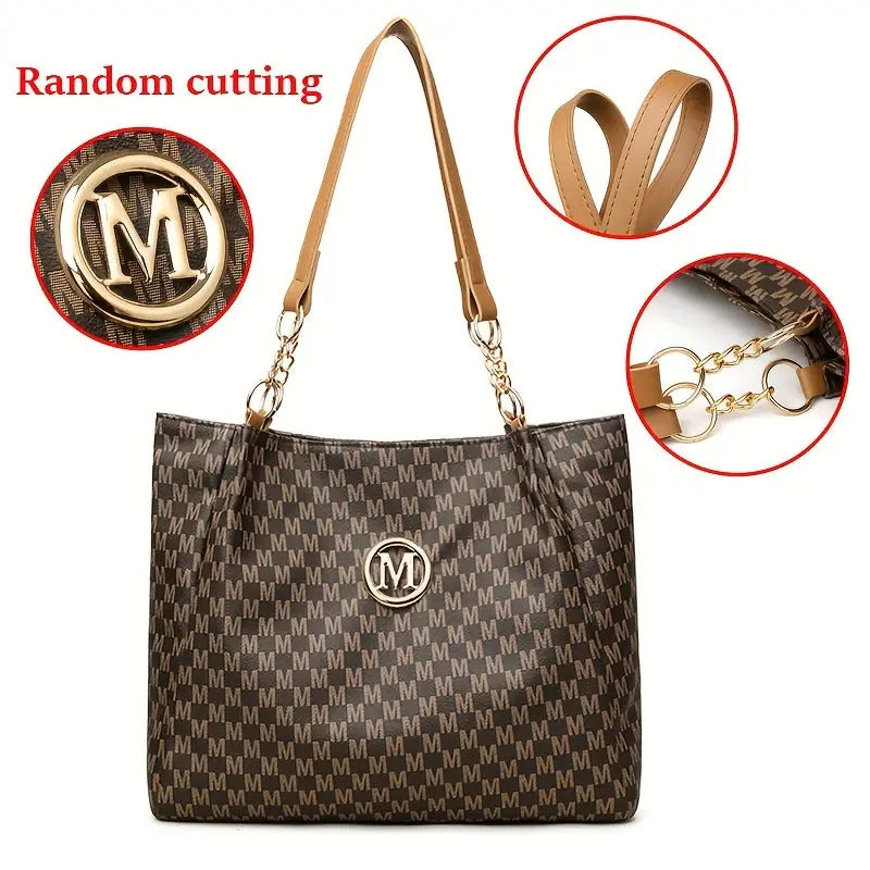 Lotus Print Shoulder Bag Set for Women with M Letter Pattern and M-Shaped Hardware, Listed Two-Piece Fashion Set with Fixed Shoulder Strap in Brown, Black or Beige