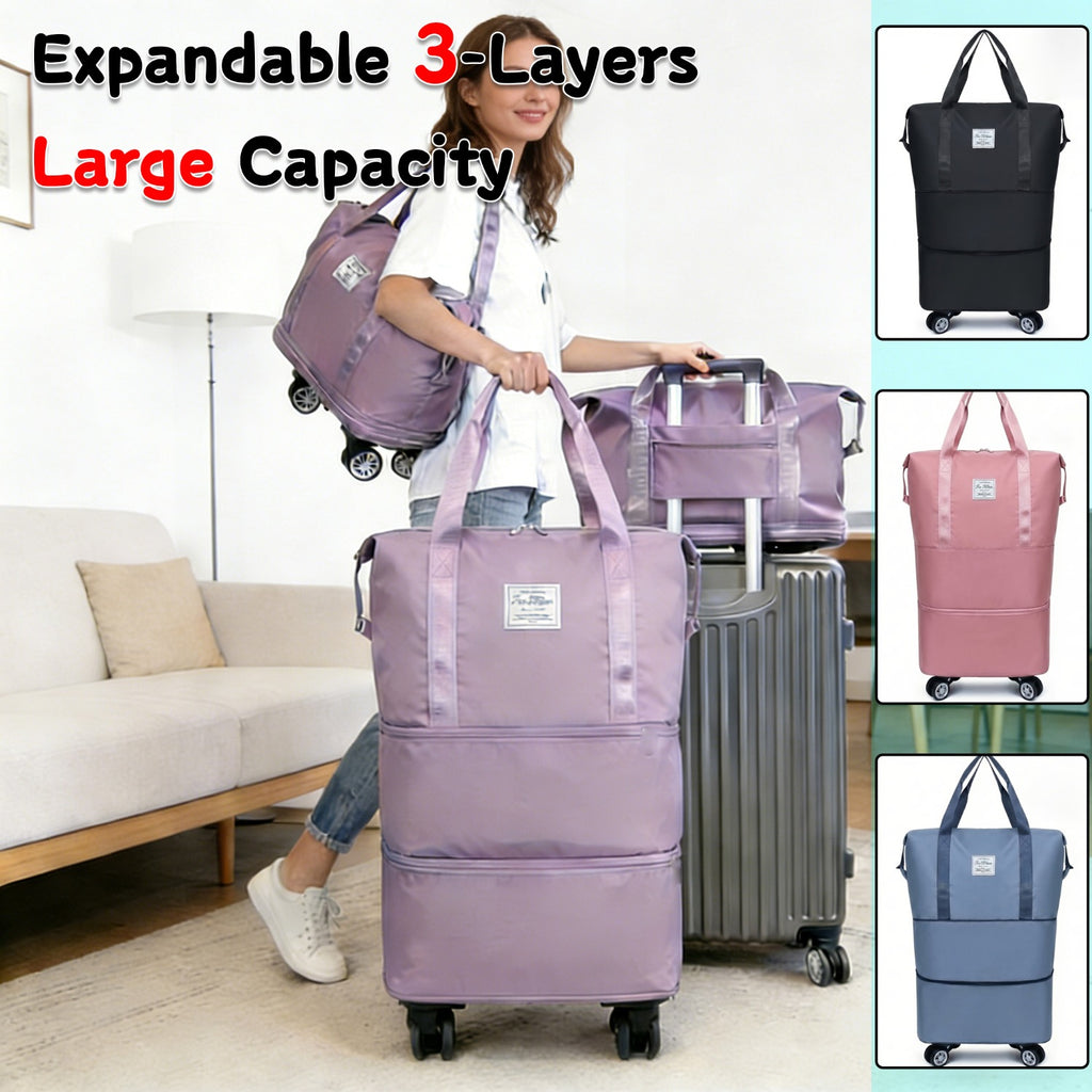 Three-Layer Expandable Travel Bag, Wheeled Clothing Duffel with Four Removable 360-Degree Wheels and Adjustable Pull Handle in Black, Pink, Blue or Purple
