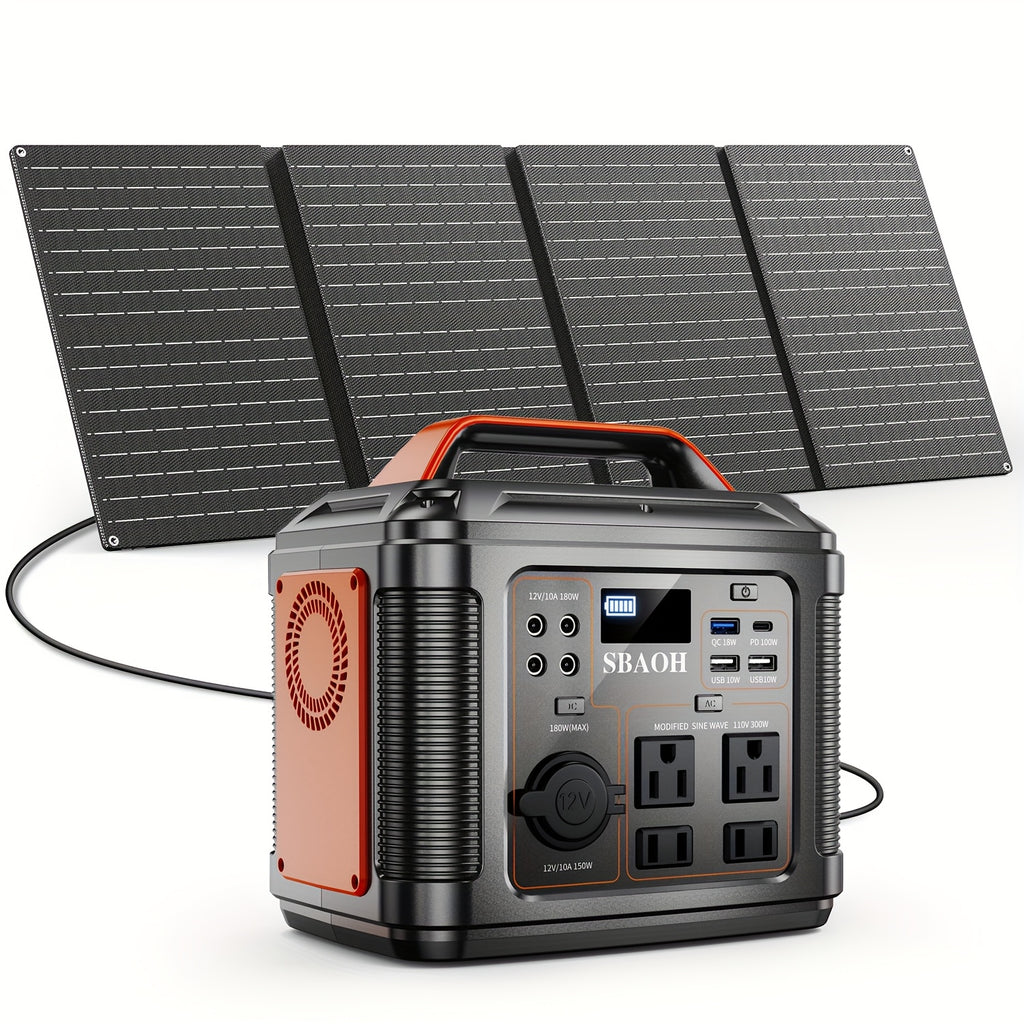Portable Battery Power Station by SBAOH, 300W Model Options with or without Solar Panel, Digital Display and Listed USB-C PD Charging for Camping and Travel