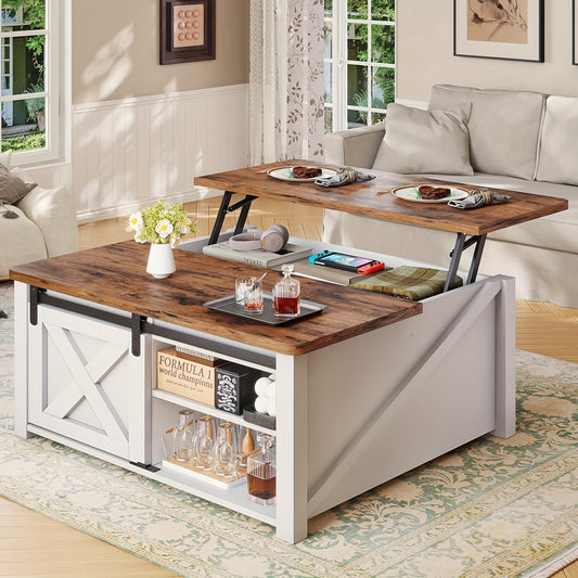 Lift Top Coffee Table with Storage, 31.5-Inch Square Farmhouse Design with Sliding Barn Door, Gas Strut Lift and Adjustable Shelves for Living Rooms