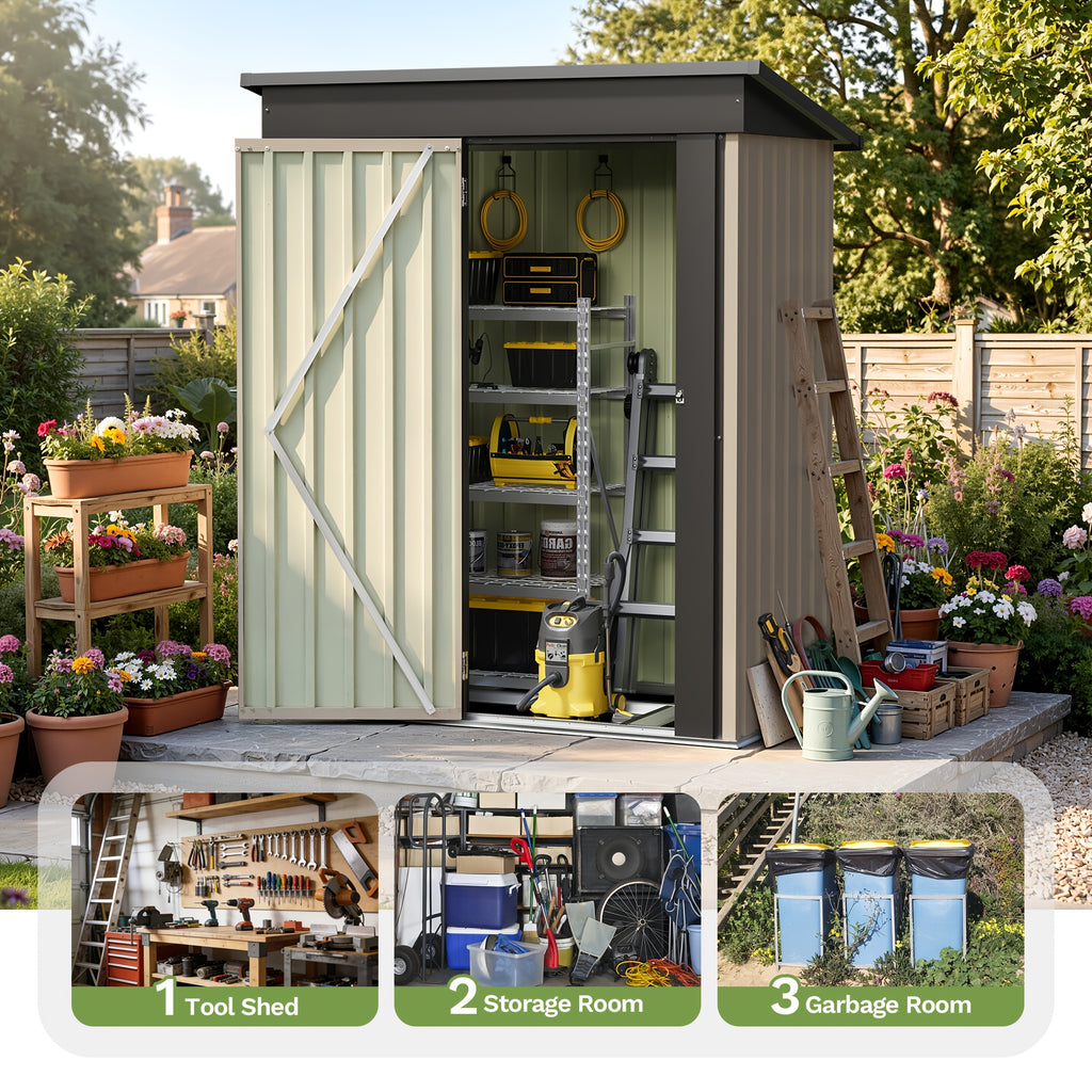 Outdoor Metal Tool Shed in Listed 5 x 3 FT Size, Garden Storage Building with Single Lockable Door and Sloping Roof, Brown, Grey or White Model Options