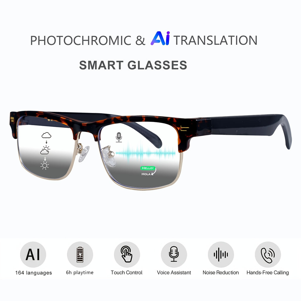 160 Language Translation Smart Glasses, AI Audio Glasses with ChatGPT, HD Calls & HiFi Music, Built-in Mic & Speaker, Photochromic Lenses, Real-Time Translator Eyewear for Travel, Meetings, Men & Women