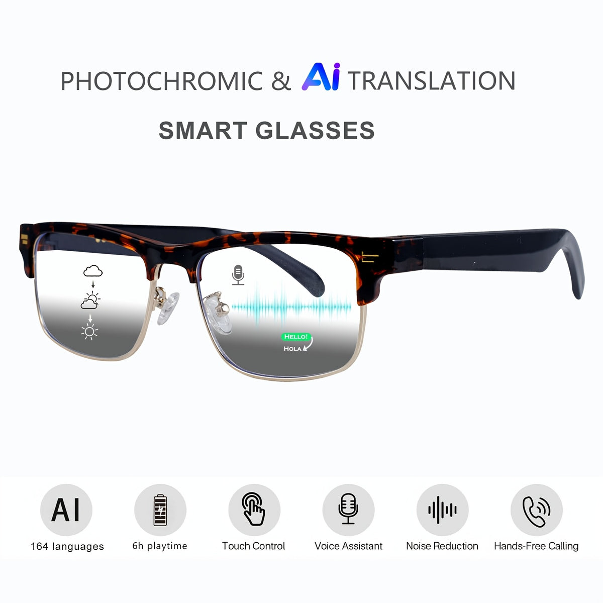 160 Language Translation Smart Glasses, AI Audio Glasses with ChatGPT, HD Calls & HiFi Music, Built-in Mic & Speaker, Photochromic Lenses, Real-Time Translator Eyewear for Travel, Meetings, Men & Women