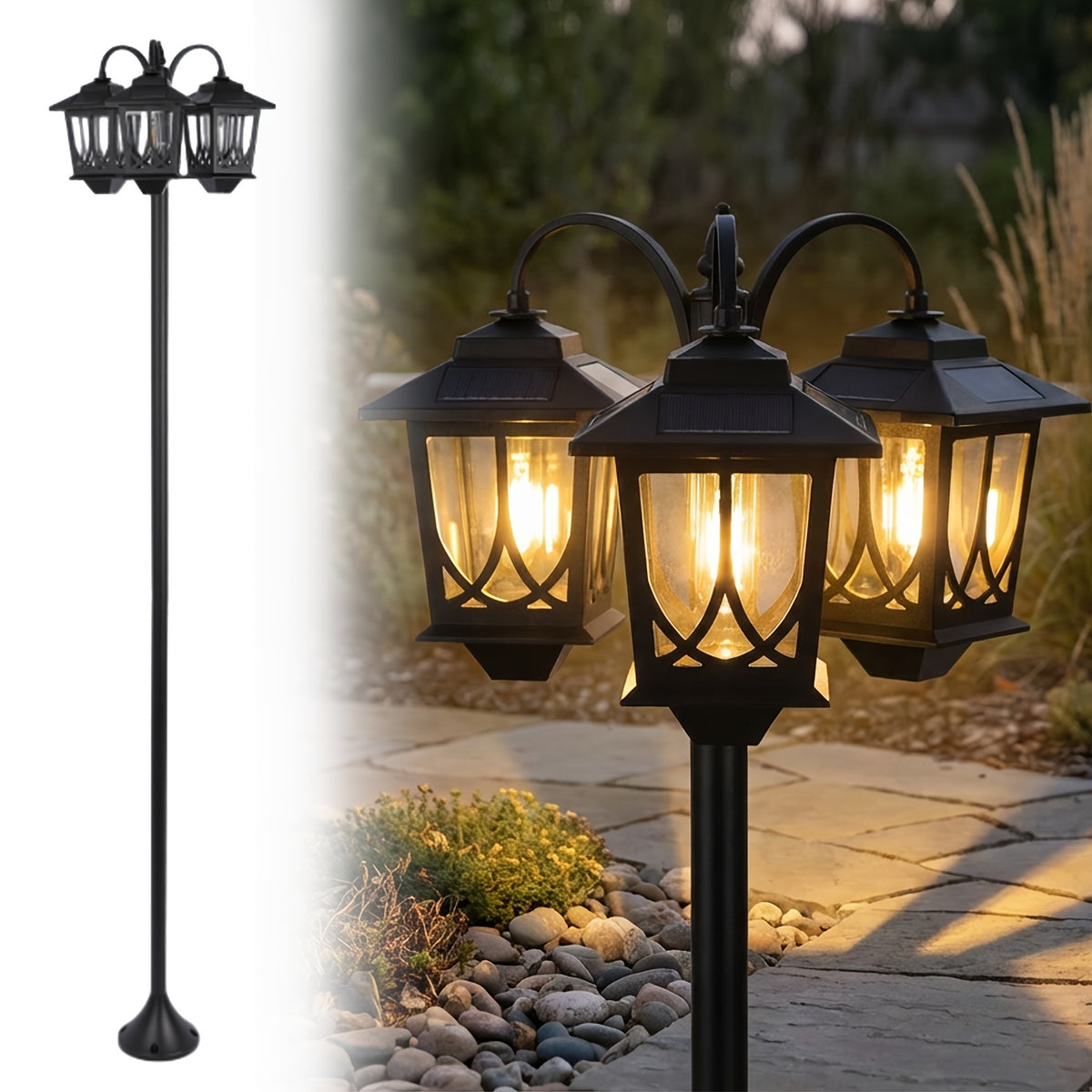 Solar Outdoor Post Light in Black with Three Heads, Warm White Edison Bulbs and Listed 73-Inch Adjustable Height, Single Concrete-Mounted Lamp for Patio Decor