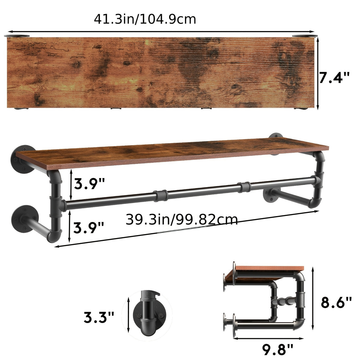 Industrial Pipe Clothes Rack by AESOME, 39.3-Inch Wall-Mounted Hanging Rod with Wood Top Shelf and Three Hooks in Black and Dark Brown for Closet Storage