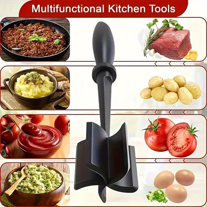 Plastic Meat Chopper and Masher, Single Manual Ground Beef Mixing Tool in Black, Red or Green for Hamburger Preparation, Taco Fillings and Everyday Kitchen Meal Prep