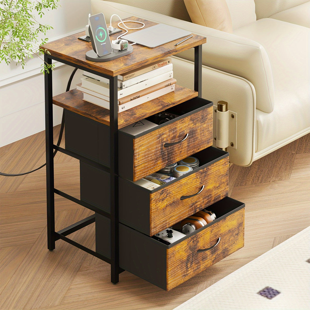 Three-Drawer Fabric Nightstand by WHONLINE with Metal Frame, Open Wood Shelves and Adjustable Feet, Single or Two-Piece Options for Bedroom and Dorm Storage