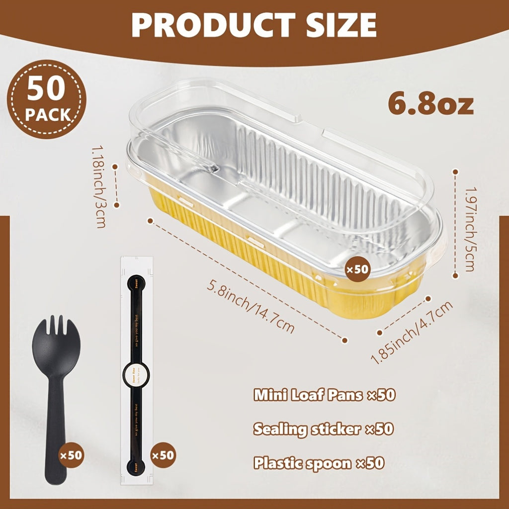 Rectangular Mini Cake Pans with Lids and Spoons, Listed 50-Pack of 6.8oz Aluminum Foil Containers in Black Golden for Individual Cheesecakes and Party Desserts
