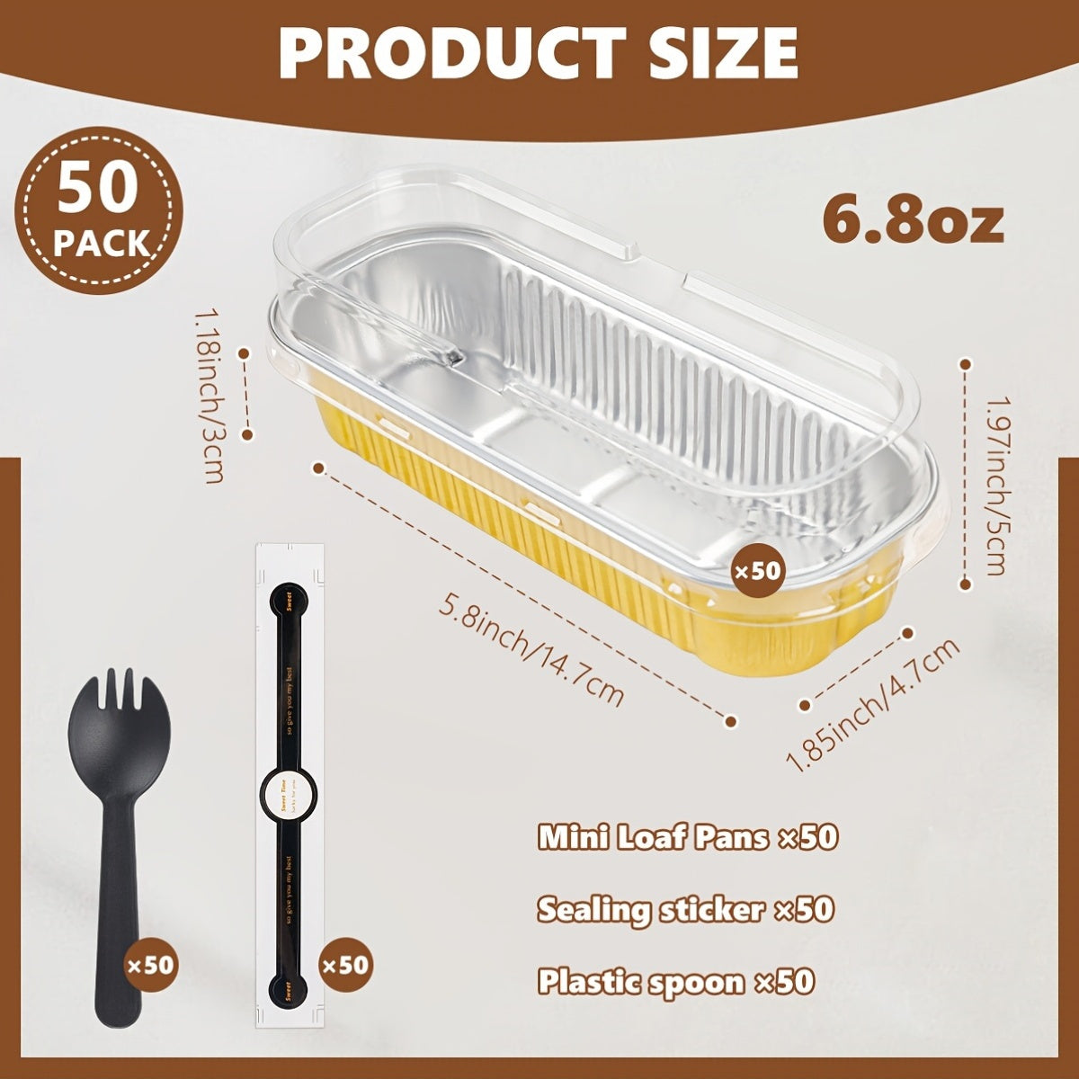 Rectangular Mini Cake Pans with Lids and Spoons, Listed 50-Pack of 6.8oz Aluminum Foil Containers in Black Golden for Individual Cheesecakes and Party Desserts