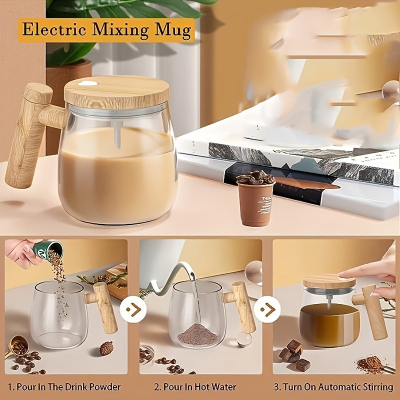 Self-Stirring Mug 400ml OBS-JB01 with Listed 8cm Stirring Bar, Borosilicate Glass and Imitation-Wood Plastic Design for Coffee, Milk and Compatible Powdered Drinks