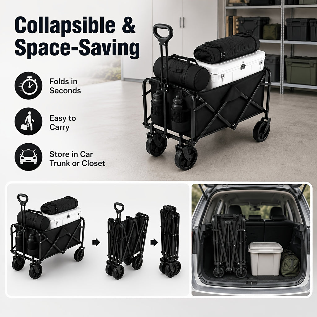 Small Folding Wagon in Black with 50LBS Model Label, Collapsible Utility Cart and Adjustable Pull Handle for Grocery, Garden Supply and Camping Gear Transport