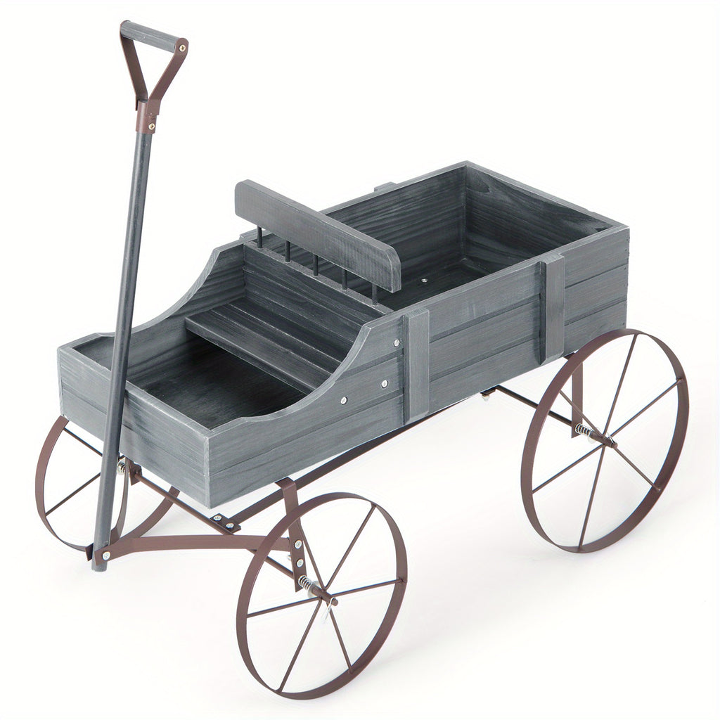 Wooden Planter Cart with Two Planting Boxes, Four Iron Wheels and Pull Handle, Painted Fir Wood Garden Flower Stand with 33lb Listed Load Limit in Five Colors