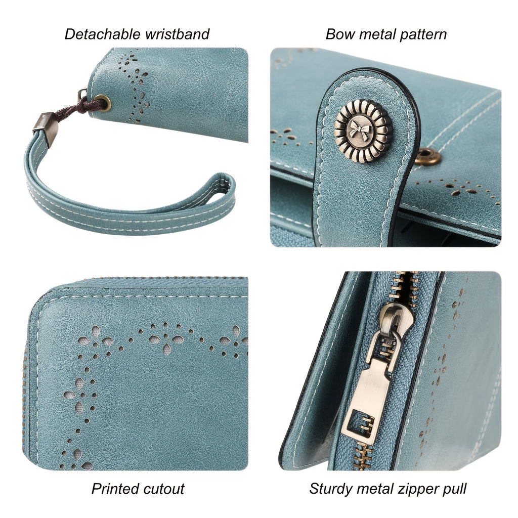 Bowknot Badge Long Wallet for Women with Wrist Strap and Zipper Closure, Retro Solid-Color Wristlet Purse in Seven Shades for Everyday and Travel Organization