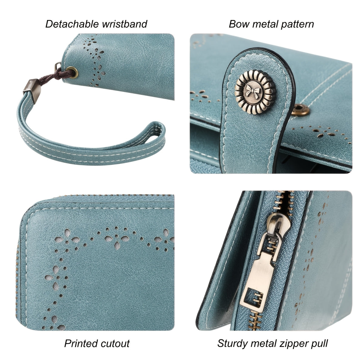 Bowknot Badge Long Wallet for Women with Wrist Strap and Zipper Closure, Retro Solid-Color Wristlet Purse in Seven Shades for Everyday and Travel Organization