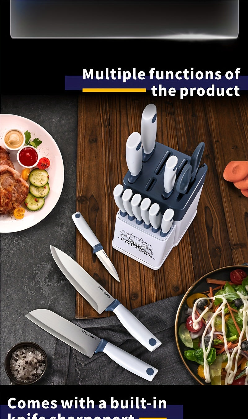 High Carbon Stainless Steel Knife Set with Manual Sharpener and Holder Base, Plastic Handle Kitchen Collection in 14-Piece and 13+1 Color-Labeled Options