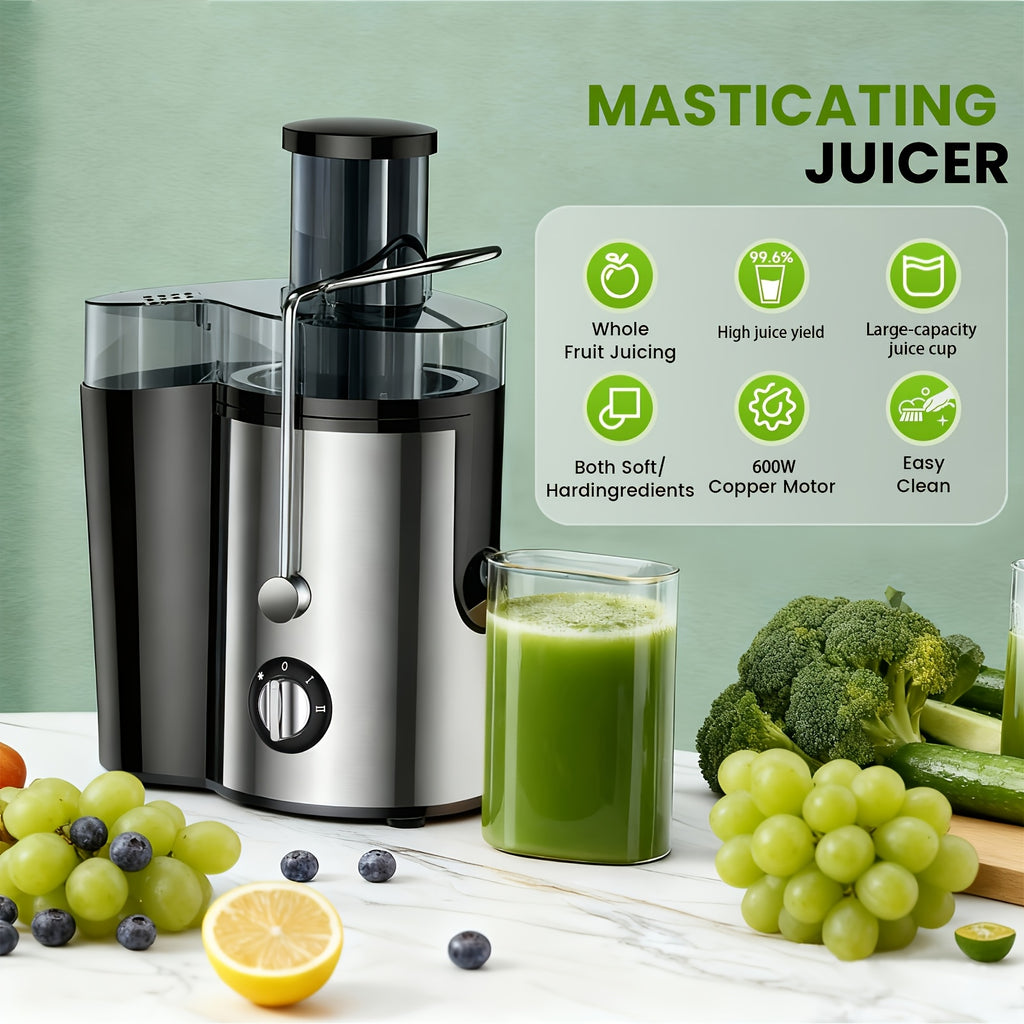 Multifunction Juice Extractor in Black with 3-Inch Feed Opening, Three Speed Settings, One-Touch Operation and Detachable Parts for Fruit and Vegetable Preparation