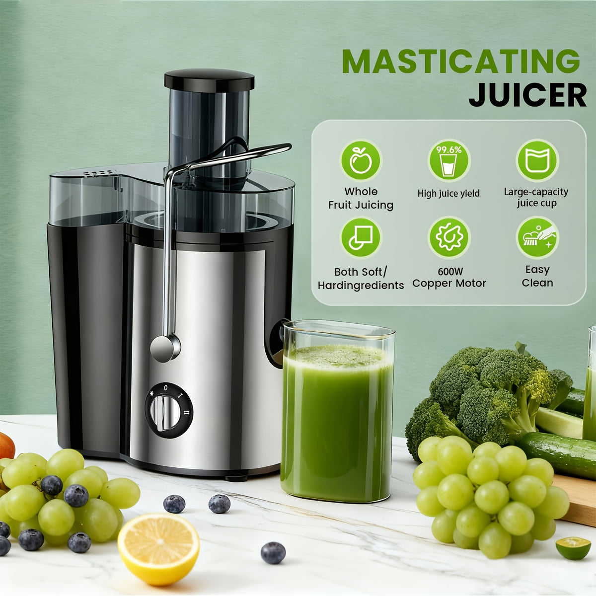 Multifunction Juice Extractor in Black with 3-Inch Feed Opening, Three Speed Settings, One-Touch Operation and Detachable Parts for Fruit and Vegetable Preparation