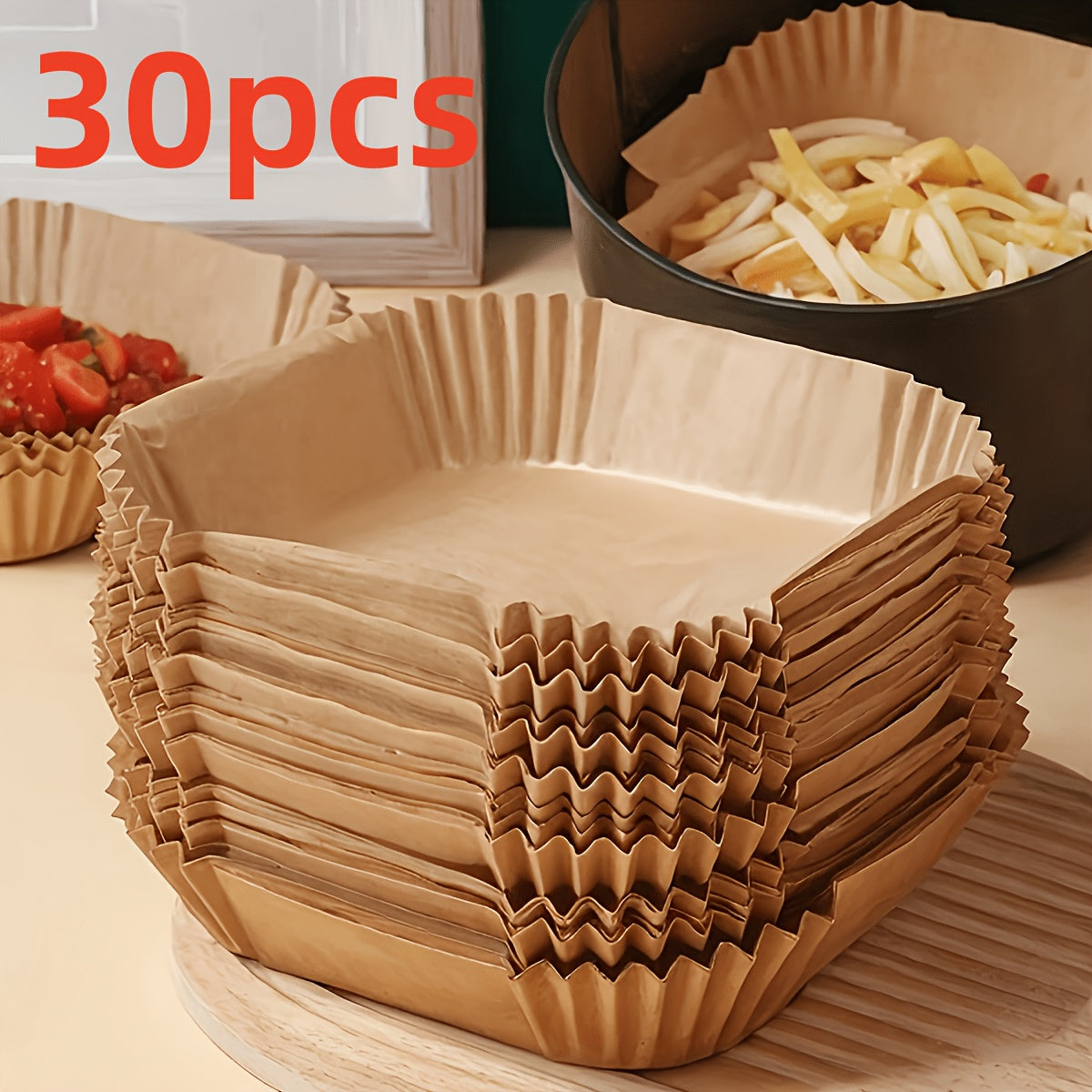 Pleated Air Fryer Paper Liners in 30 or 100-Piece Packs, Disposable Nonstick Cooking Sheets for Compatible Basket Cooking, Baking and Roasting Cleanup