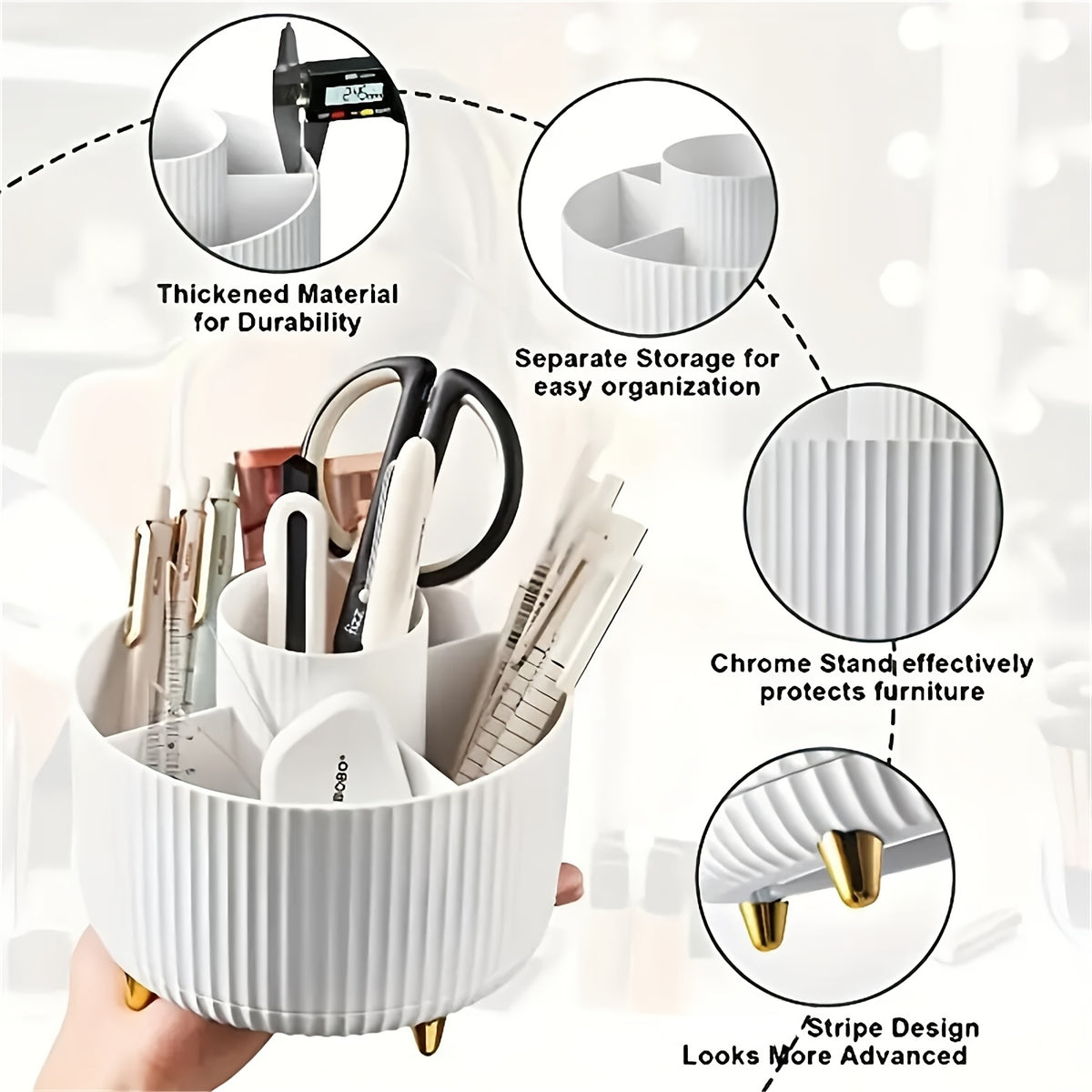 Rotating Makeup Organizer with Five Compartments, 360-Degree Plastic Cosmetic Brush and Lipstick Holder with Stripe Design for Vanity Storage and Desk Stationery