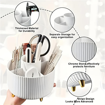 Rotating Makeup Organizer with Five Compartments, 360-Degree Plastic Cosmetic Brush and Lipstick Holder with Stripe Design for Vanity Storage and Desk Stationery