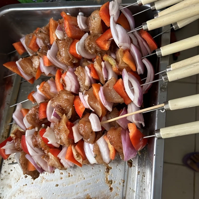 10pcs Stainless Steel Skewers, Multi-Functional Metal BBQ Skewers with Wooden Handles, Stainless Steel Grilling Skewer Sticks for Outdoor Cooking and Barbecue Supplies