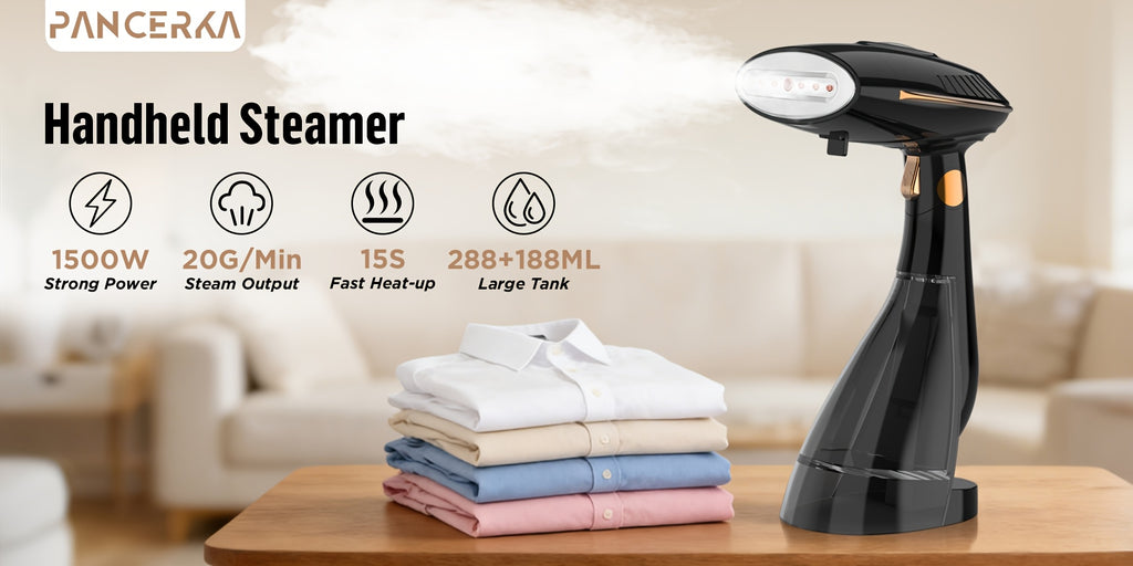 Clothes Steamer by PANCERKA, 1500W Handheld Garment Steamer with Continuous Steam and Quick Heating for Home and Travel Clothing Care, US Plug