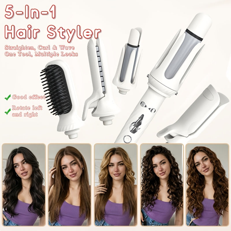 Interchangeable Curling Iron Set 5-in-1 with 25mm and 32mm Wands, Straightening Brush, Wave Styling Head and Root Volumizing Crimper for Home Hair Styling