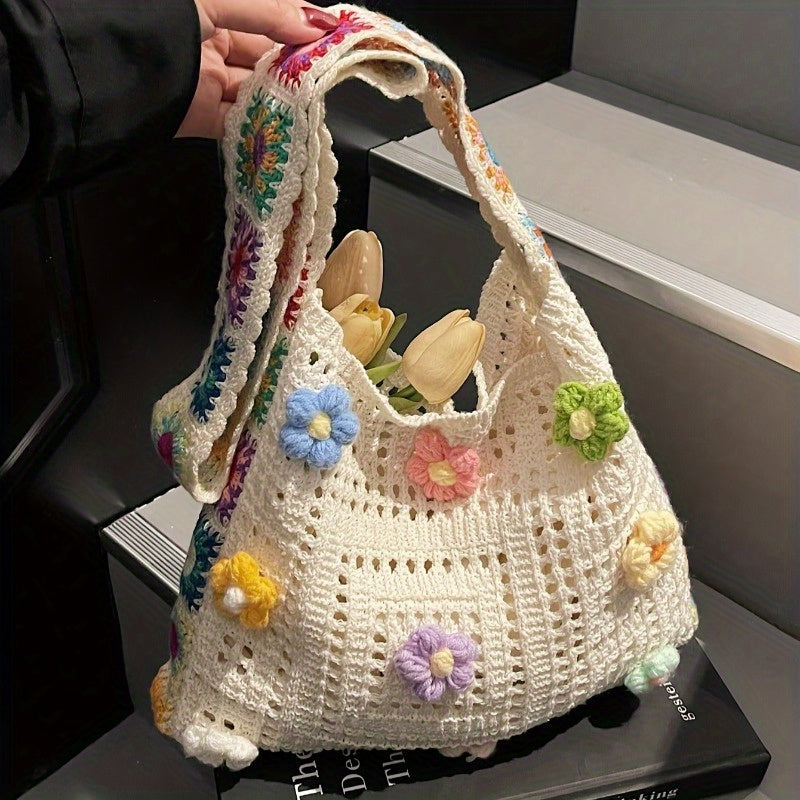 Boho Messenger Bag for Women with Hollow Flower Details and Contrast Fabric, Vintage-Inspired Casual Purse with Button Accents, No Closure and Seven Option Labels
