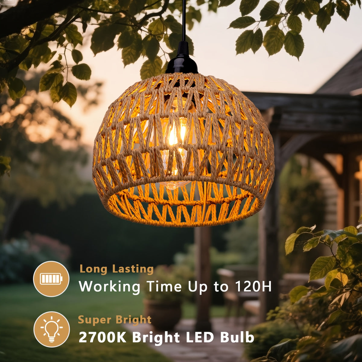 Battery Pendant Lights in a Two-Piece Woven Rattan-Style Set with Remote Control, Dimmable Warm White LED and Timer for Decorative Hanging Displays