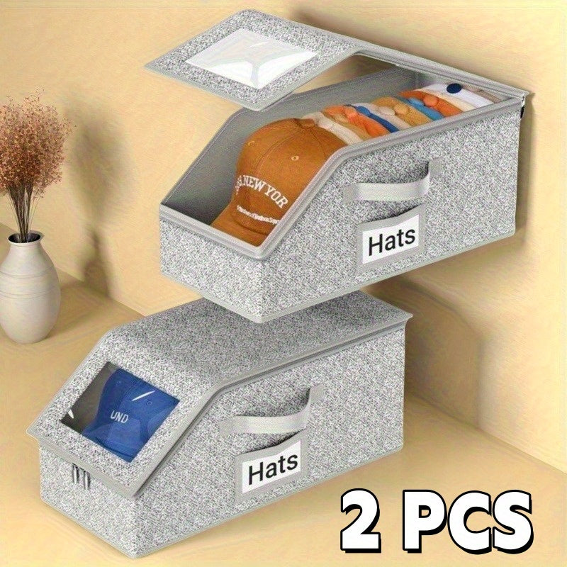 Stackable Baseball Cap Storage Boxes with Clear Viewing Window, Gray Hat Organizers in 2 or 4-Piece Sets for Closet Shelves, Socks and Small Accessories