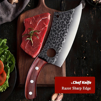 High Carbon Steel Meat Cleaver with Oak Wood Handle and Sheath, Viking Style Kitchen Knife for Meat and Vegetable Preparation, Camping Cooking and BBQ