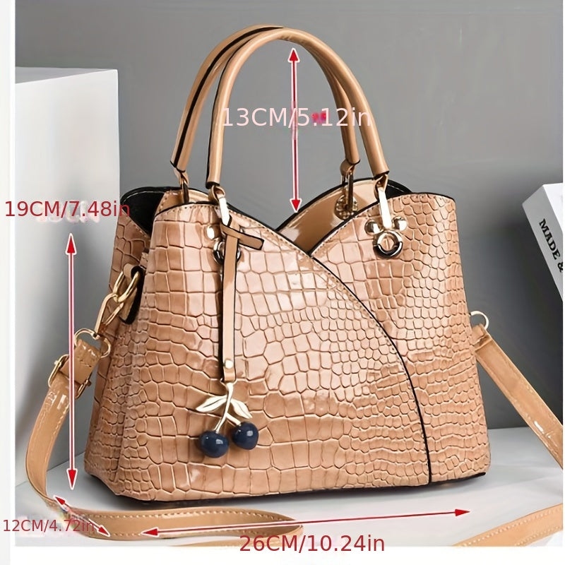 Faux Crocodile Texture Handbag, Women's Burgundy or White Fashion Bag with Cherry Pendant, Zipper Closure and Polyester Lining for Shoulder and Crossbody Styling