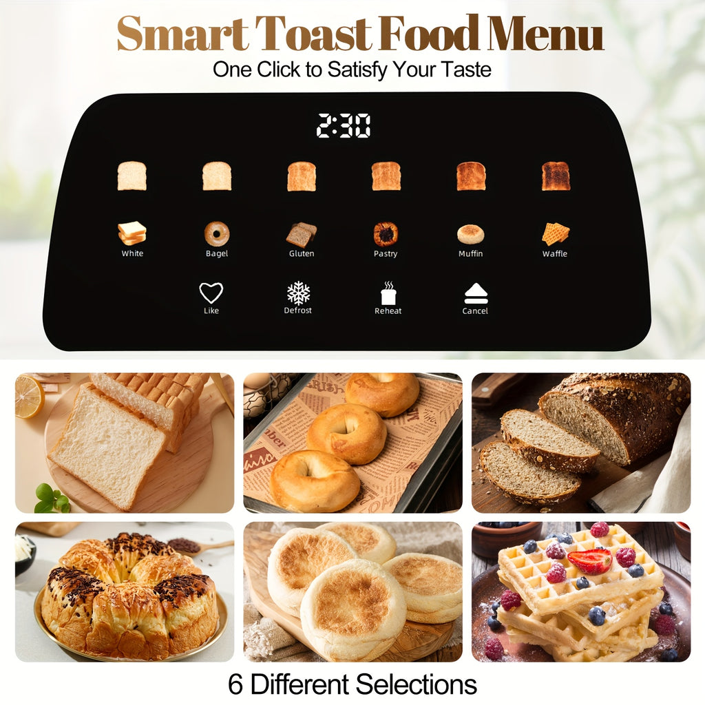TESSLUX Four Slice Touchscreen Toaster with 1.5-Inch Wide Long Slots, Six Browning Levels and Bread Types, Digital Timer, Memory, Defrost and Reheat