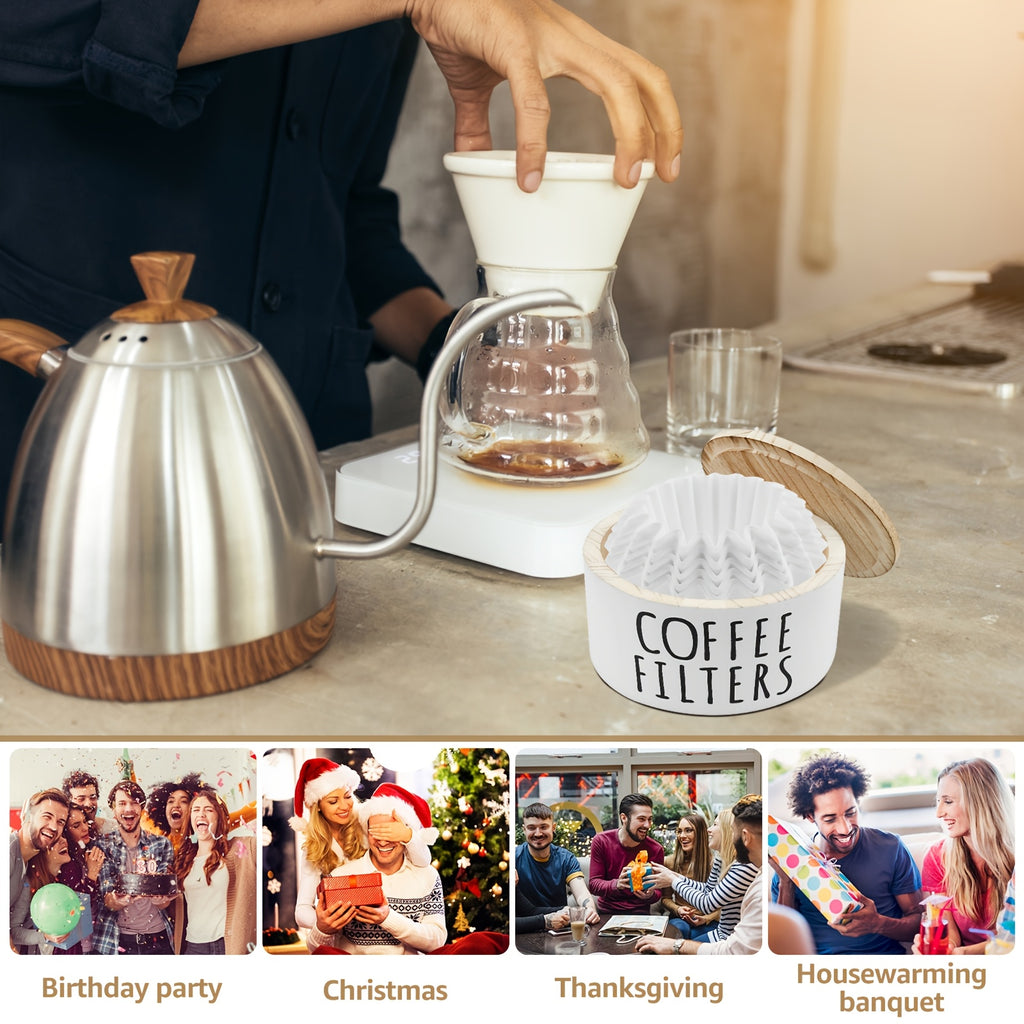 Coffee Filter Holder with 50 Filters for Coffee Bar Organization, White Wooden Round Countertop Storage Container, 16cm Diameter and 9cm Height