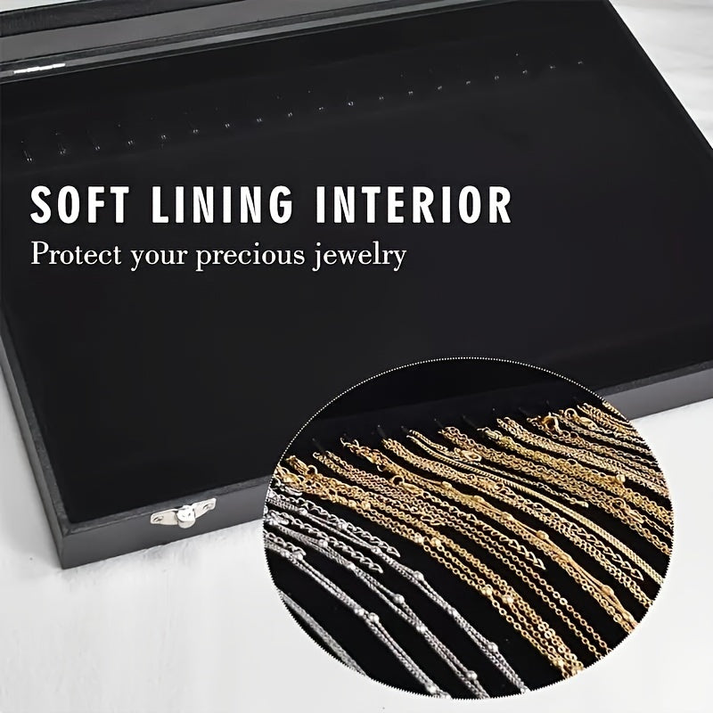 Glass Lid Jewelry Organizer in Black Synthetic Leather with Multi-Compartment Storage, Necklace Box or Earring Box Options for Dressers and Gift Selection