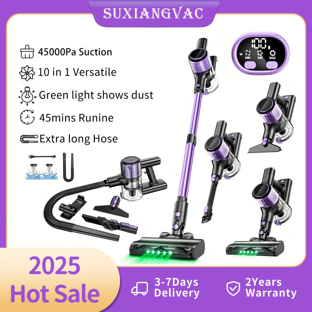 10-in-1 Cordless Stick Vacuum Cleaner, Lightweight Rechargeable Vacuum with Anti-Tangle Roller Brush, Upgraded Green LED Light and 45-Min Runtime, Powerful Suction for Hardwood Floors, Carpet, Pet Hair and Car Interior