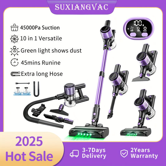 10-in-1 Cordless Stick Vacuum Cleaner, Lightweight Rechargeable Vacuum with Anti-Tangle Roller Brush, Upgraded Green LED Light and 45-Min Runtime, Powerful Suction for Hardwood Floors, Carpet, Pet Hair and Car Interior