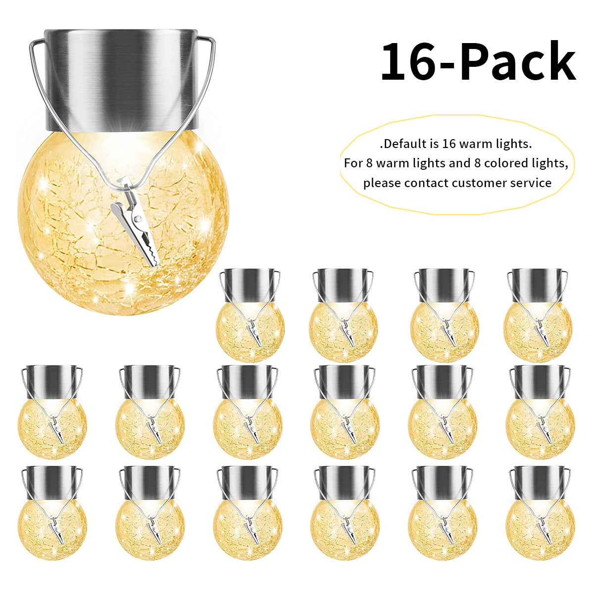 Solar Hanging Globe Lights with Crackle-Style Ball Design, Handles and Clips, Warm Light or Colored Lanterns in 8- or 16-Pack Options for Garden and Patio Decor